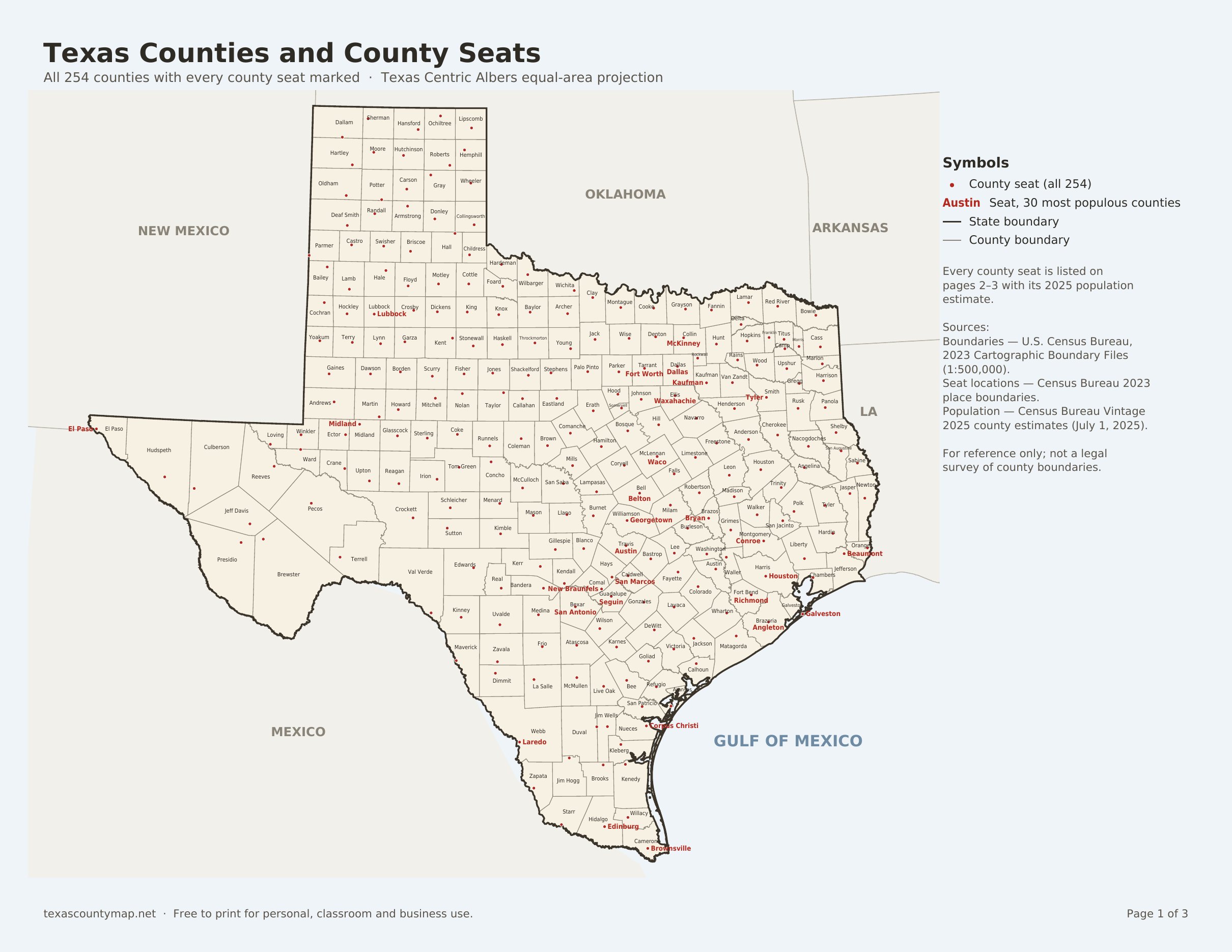 Texas map with all 254 counties labeled, every county seat marked with a red dot, and neighboring states, Mexico and the Gulf of Mexico shown